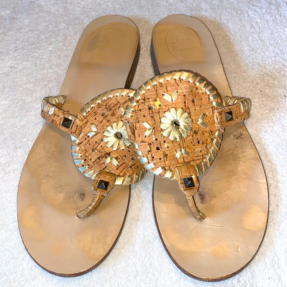 Jack Rogers cork gold metallic whip stitch thong sandals Sz 9